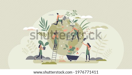 Ecology agriculture and green sustainable harvesting tiny person concept. Environmental gardening and food farming around globe with responsible care vector illustration. Nature care process scene.