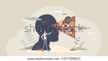 Perception as ability to identify sensory information tiny person concept. See, hear, smell and touch reflection in brain as personal cognition viewpoint vector illustration. Reality perspective view.