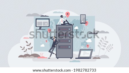 CDN content delivery network as information distribution tiny person concept. Global server connection for website performance vector illustration. Wireless database optimization for fast browsing.