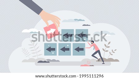 Disruption and competitive interruption to slow business tiny person concept. Change forward movement and make progress delay with difficulties vector illustration. Negative impact from rivals scene.