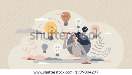 Picking ideas and best option selection as creative work tiny person concept. Choice after innovative brainstorming and solution finding in symbolic lightbulb group vector illustration. Final decision
