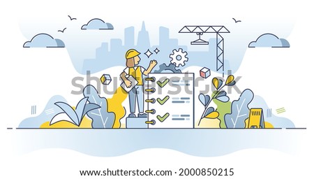 Work safety regulations and worker security protection policy outline concept. Construction site rules and standard caution regulation document for trauma health danger prevention vector illustration. Photo stock © 