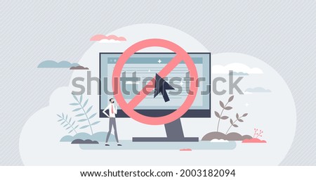 Banned website and forbidden risky internet browser site tiny person concept. Suspicious online warning notification to control illegal content vector illustration. Digital notice with blocked message
