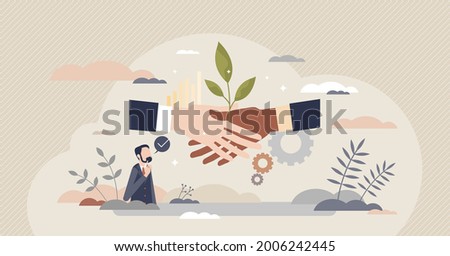 Sustainable partner and environmental friendly business tiny person concept. Corporate deal or agreement symbolic handshake with green leaf vector illustration. Climate awareness in company strategy.