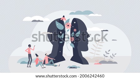 Taking care of mental health, feelings or inner peace and harmony tiny person concept. Relaxation or wellness with open mind and balance vector illustration. Thoughts awareness and beautiful intellect