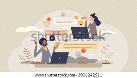 Digital communication etiquette and proper writing style tiny person concept. Social standard for reactions and emotions in computer or phone messages vector illustration. Symbolic feeling expression. Foto d'archivio © 