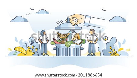 Food waste problem and garbage with composting meal leftovers outline concept. Throw away products and consumerism lifestyle reduction with responsible rubbish management attitude vector illustration.