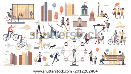 City life scenes and daily urban routine elements tiny person collection set. Environment with real estate, business office, transportation, family recreation and everyday moments vector illustration.