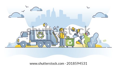 Waste management as garbage collection and clean recycling truck outline concept. Urban trash utility service with container monitoring and handling vector illustration. Ecological bin disposal scene.