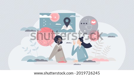 Small talk as informal discourse with light topics speech tiny person concept. Communication or dialogue process as socialization and information exchange vector illustration. Primitive language scene