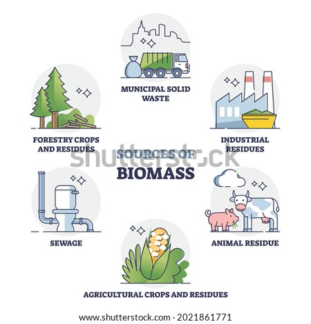 Sources of biomass energy as alternative power in outline collection diagram. Educational labeled set with recycled municipal solid waste, residues, sewage and forestry crops vector illustration. Stockfoto © 