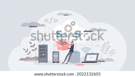 SAAS like software as service or on-demand for business tiny person concept. Online digital app usage with website based technology for remote usage vector illustration. Monthly or annual Subscription