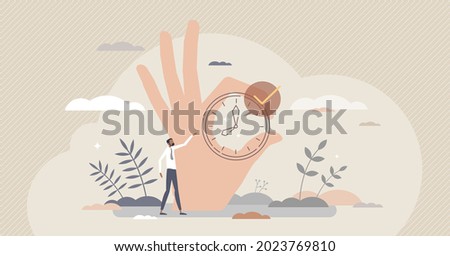 Right timing with accurate time planning management tiny person concept. Successful countdown and complete task symbol vector illustration. Accuracy scene as moment capture with clock and check mark.