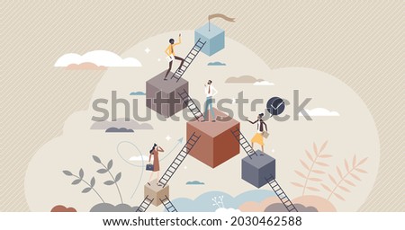 Leveling up and career development with progress stairs tiny person concept. Skills and professional improvement as upward raising steps vector illustration. Climb with aspiration to target or goal.