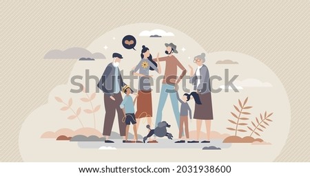 Happy family as joy moment with all relatives together tiny person concept. Grandparents, children, dog and adult couple quality time together vector illustration. Member and characters togetherness.
