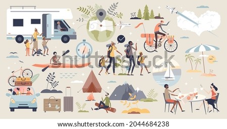 Travel and adventure with transportation elements tiny person collection set. Tourist recreation location and vacation type items with campfire, roadtrip and family tour mini scene vector illustration