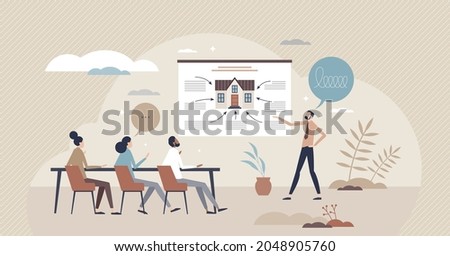 Real estate classes and learning about property sales tiny person concept. Educational informative courses about salesman performance in apartment, housing and rental industry vector illustration. Stock foto © 