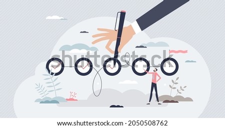 Completing project and effective task management plan tiny person concept. Successfully completed part of checklist and progress is well done vector illustration. Business development phase monitoring