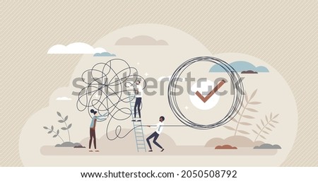 Problem solution as complete difficult and messy task tiny person concept. Business problems solved and challenges successfully done with help or support from professional teamwork vector illustration