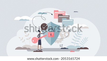 Secure access with privacy data security and protection tiny person concept. Confidential file accessibility and cloud usage for identity hiding vector illustration. Information encryption for web.