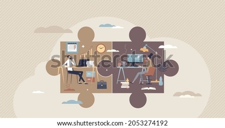 Hybrid work with part time job from home and office tiny person concept. Scheduled workspace location for flexibility and efficiency vector illustration. Productive distant workplace as jigsaw puzzle.