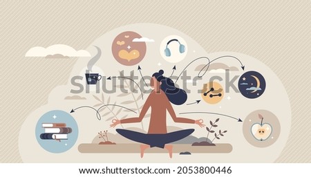 Self care personal health habits combination for wellness tiny person concept. Daily lifestyle for happiness and physical or emotional peace vector illustration. Activities combination for good body. Foto d'archivio © 