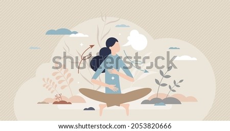Breathe in air as healthy mindfulness practice for calm tiny person concept. Meditation with easy breathing for inner energy focus and stress control vector illustration. Mental self care for harmony. 商業照片 © 