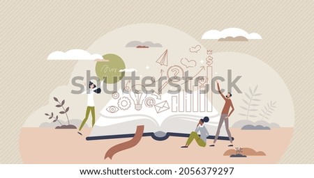 Brand storytelling marketing communication tiny person concept. Vector illustration with open book and company workers presenting engaging information about personality and identity of the company.