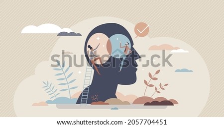 Finding common ground and search for opinion compromise tiny person concept. Cooperation and united partnership with thoughts match vector illustration. Therapy success with communication and trust.