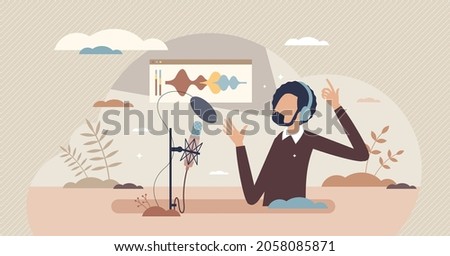 Voice over actor as commentary for off stage recording tiny person concept. TV production synchronous talking from script as professional occupation vector illustration. Expressive speaker artist.