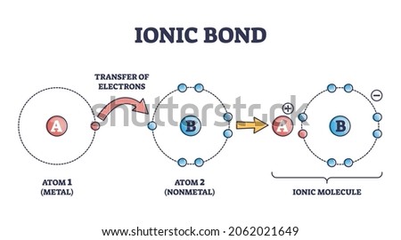 Ionic bond and electrostatic attraction from chemical bonding outline diagram. Labeled educational scheme with metal atom electrons transfer steps to nonmetal and ionic molecule vector illustration.