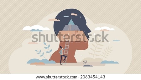 Positive thinking and success attitude or target mindset tiny person concept. Optimistic behavior or determination to reach psychological self acceptance or overcome mental problem vector illustration