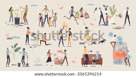 Volunteering and charity with environmental help tiny person collection set. Mini scenes with social responsibility, community solidarity and nature support vector illustration. Elders or poor items.