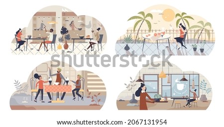 Restaurant, cafe and catering as food service tiny person collection set. Food and drink place with waitress or waiter, chef and kitchen vector illustration. Eating lunch meal in local boutique buffet