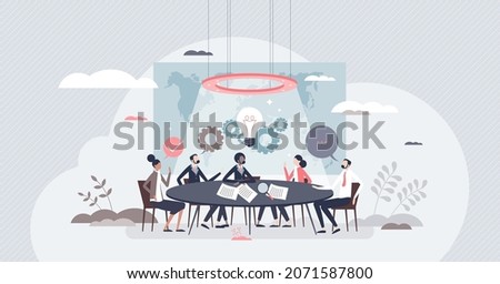 Council meeting and CEO head discussion and brainstorm tiny person concept. Headquarters leaders conversation about company future vector illustration. Business leaders talking in round table room.