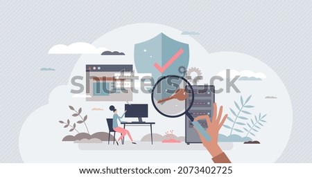 Cybersecurity and data protection with safe prevention tiny person concept. Computer and virtual online technology encryption system with password and firewall vector illustration. Database spy shield