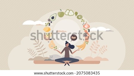 Mindful eating and daily diet with harmony and balance tiny person concept. Complete full menu with healthy vegetables and fruits for body balance and fit vector illustration. Mind wellness lifestyle.
