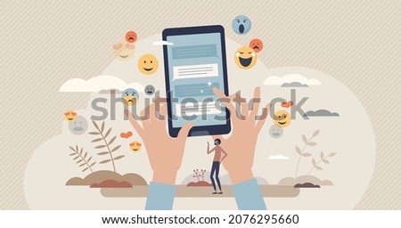Messaging and text message sending or receiving as sms tiny person concept. Online talking using smartphone application to make conversation or communication vector illustration. Typing emotion symbol