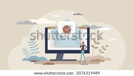 Confirmation letter and e-mail letter with completed job tiny person concept. Online communication and verified document sending or receiving vector illustration. Successful digital correspondence.