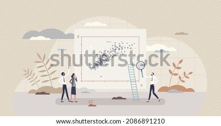 Correlation and results consistency with statistics data tiny person concept. Information research based on information surveillance and variables analysis vector illustration. Graphic presentation.