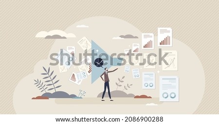 Data wrangling and information sorting with right order tiny person concept. Big data info sorting and processing using digital funnel document analysis vector illustration. Quality order selection.