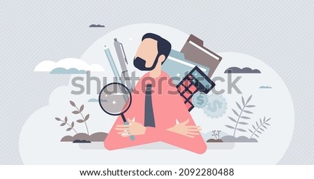 Auditor work with financial data research and evaluation tiny person concept. Company documents audit with quality inspection and business assessment vector illustration. Optimization and calculation. Сток-фото © 