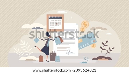 Buy now pay later financial deal for shopping on loan tiny person concept. Bank credit card agreement for purchases without money vector illustration. Spend cash on discount deals in retail stores.