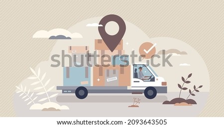 Courier services with package distribution and delivery tiny person concept. Cargo logistics company with shipment export or import vector illustration. Online order parcel transportation business.