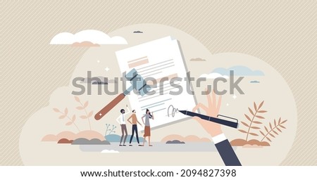 Employment law agreement and labor legislation document tiny person concept. Employer or employee legal protection from lawsuits and authority vector illustration. Signing rights regulation paperwork Photo stock © 