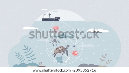 Bycatch as unwanted catch in ocean or sea with unintentionally species tiny person concept. Industrial fishing problem with NOAA fisheries discarded catches or unobserved mortality vector illustration