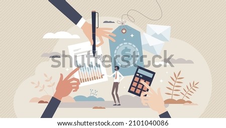 Pricing strategy and business cost recalculation plan tiny person concept. Financial research and new retail prices for competitive profit vector illustration. Accounting management and value control.