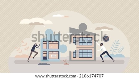 Amalgamation as merge two business companies together tiny person concept. Collaboration and partnership for common goal and organization integration or engagement for development vector illustration. Stock foto © 