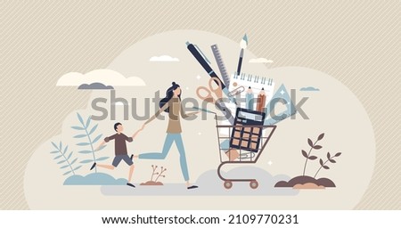 School supplies and stationary equipment for learning tiny person concept. Shop sale with education tools vector illustration. Full cart with pencils, pens, notepad and calculator vector illustration