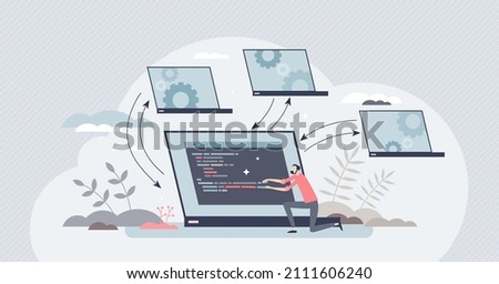 Distributed systems as file storage in different network tiny person concept. Multiple computer nodes and managing application for information integration vector illustration. Web server network.